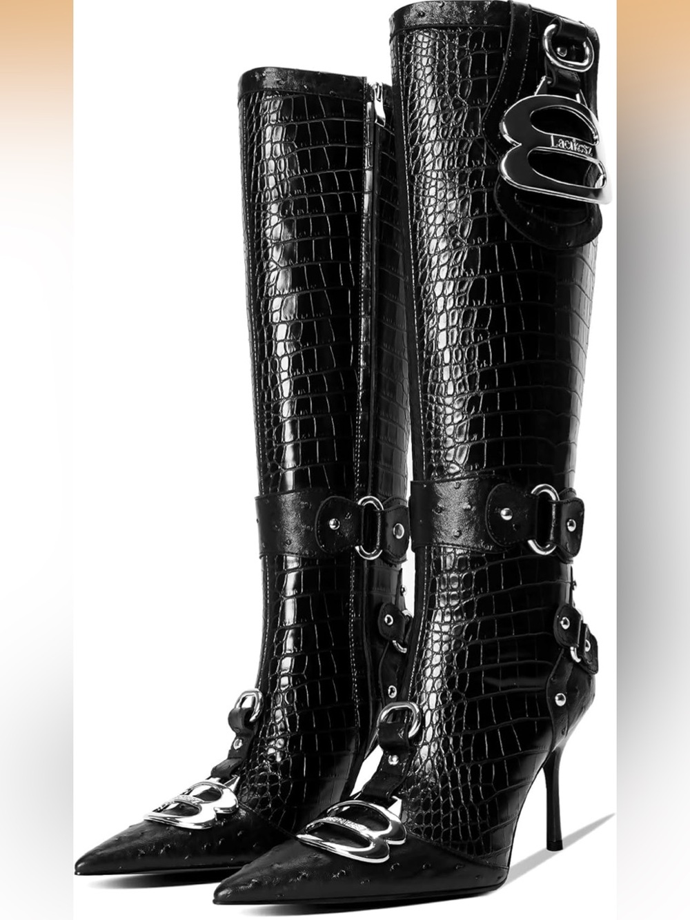 Knee High Crocodile Boots for Women Pointed Toe Slim Calf Sexy Stiletto